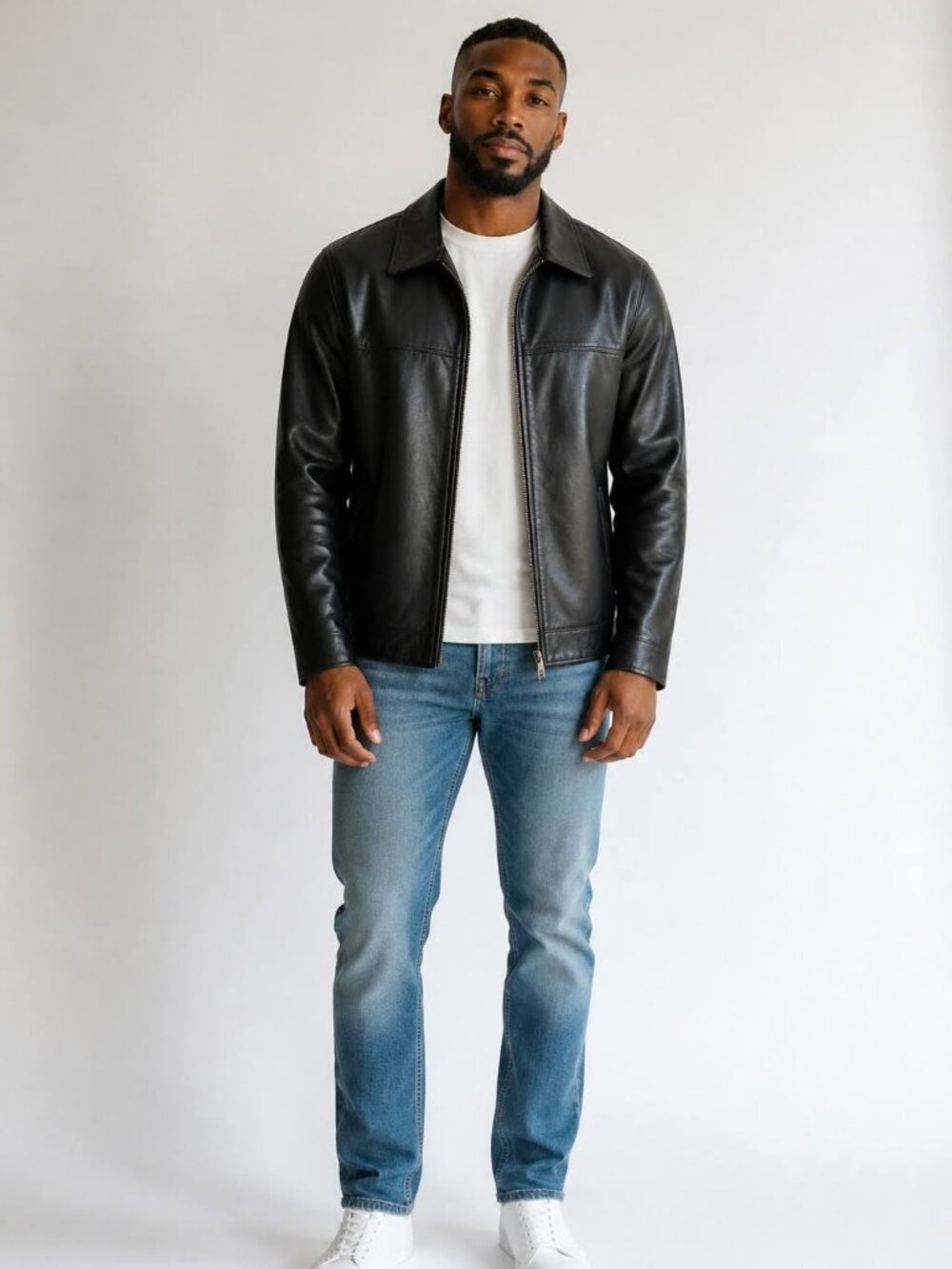 Dockers Men's XL Black Leather Bomber Jacket with Quilted Tan Lining